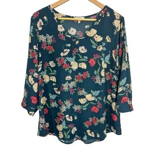 Maurices Floral Blouse Womens L Blue V-Neck Top Casual Work Shirt 3/4 Sleeve EUC